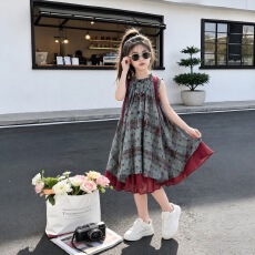 批发女童无袖格子连衣<b class='q'>裙</b>2026夏新款中大童波点背心<b class='q'>裙</b>不规则撞色公主<b class='q'>裙</b>