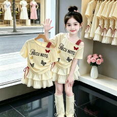 批发女童连衣裙夏装2026新款洋气儿童<b class='q'>韩版</b>时髦露肩短袖套装夏季蛋糕裙