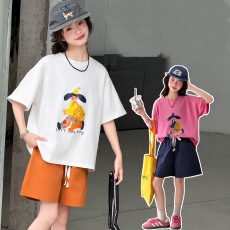 批发<b class='q'>女童</b>夏<b class='q'>装</b>2026新款中大童多巴胺卡通印花T恤短裤休闲两件套儿童装