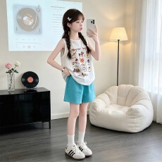 批发<b class='q'>女童</b>卡通印花<b class='q'>背心</b>短裤套装中大童2026夏季新款休闲无袖上衣三分裤