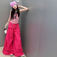 批发<b class='q'>女童</b>美式街<b class='q'>头</b>爵士舞服2026夏新款中大童撞色印花背心工装裤两件套