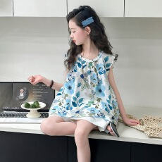 批发<b class='q'>女童</b>无<b class='q'>袖</b>套装2026夏季新款中大童田园风花朵娃娃衫短裤夏装两件套