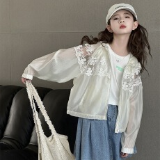 批发<b class='q'>女童</b>夏<b class='q'>季</b>薄款外套2026新款中大童蕾丝拼接短款连帽<b class='q'>开衫</b>儿童防晒服
