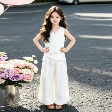 批发<b class='q'>女童</b>韩系<b class='q'>无袖</b>套装2026夏季新款中大童马甲蕾丝花边屁帘阔腿裤薄款