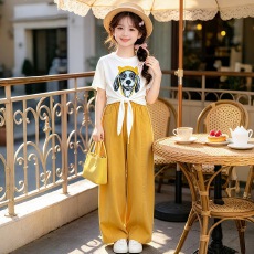 批发<b class='q'>女童</b>夏<b class='q'>季</b>休闲套装2026新款中大童印花系带短袖T恤阔腿裤两件套薄