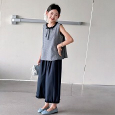 批发<b class='q'>女童</b>田园风<b class='q'>夏装</b>2026新款中大童小格子花边娃娃衫阔腿裤轻薄两件套