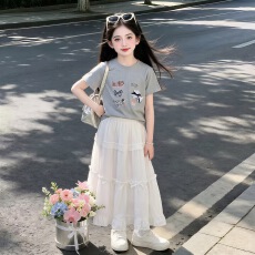 批发<b class='q'>女童</b>蕾丝<b class='q'>花边</b>半身裙套装2026夏季新款中大童卡通短袖T恤夏装长裙