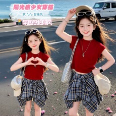 批发<b class='q'>女童</b>短<b class='q'>袖</b><b class='q'>短裙</b>套装夏季韩版女孩薄款T恤两件套中大童上衣半身裙套