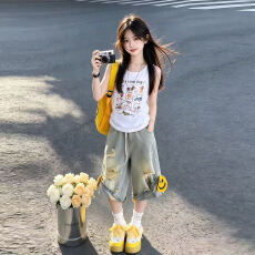 批发女童<b class='q'>卡通</b><b class='q'>印花</b>背心破洞中<b class='q'>裤</b>套<b class='q'>装</b>中大童2026夏季新款笑脸阔腿五分<b class='q'>裤</b>