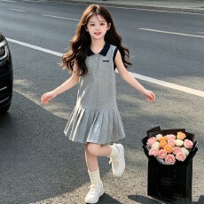 批发女童学院风连衣<b class='q'>裙</b>2026夏新款中大<b class='q'>儿童</b>撞色polo领背心<b class='q'>裙</b>百褶T恤<b class='q'>裙</b>