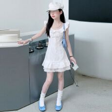 批发女童小飞袖花边公主裙2026夏新款中大童法式收腰蛋糕裙蕾丝连衣裙