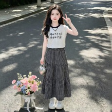 批发<b class='q'>女童</b>套<b class='q'>装</b>2026夏季新款中大童坎肩字母短袖T恤格子半身裙长裙两件