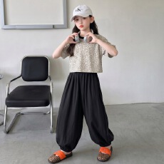 批发女童休闲套装2026<b class='q'>夏</b>季新款中大童短款豹纹T恤灯笼裤防蚊裤两件套