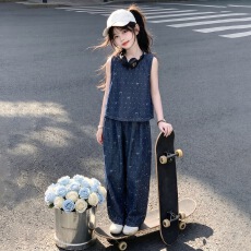 批发女童休闲无袖<b class='q'>夏</b>装2026新款中大童波点蝴蝶结印花背心阔腿裤两件套