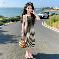 批发女童条纹印花连衣裙2026夏新款中大童休闲撞色背心裙儿童冰丝长裙
