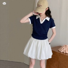 批发女童学院风夏装2026新款中大童撞色刺绣POLO衫T恤花苞裙短裙套装