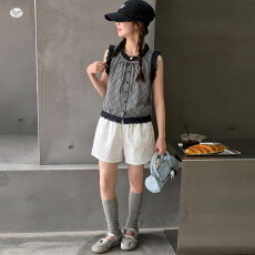 批发女童休闲套装2026<b class='q'>夏</b>季新款中大童蕾丝花边格子马甲短裤<b class='q'>夏</b>装两件套