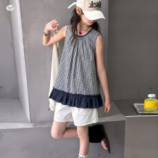 批发女童<b class='q'>夏</b>装2026新款中大童无袖格子娃娃衫花边背心短裤田园风两件套