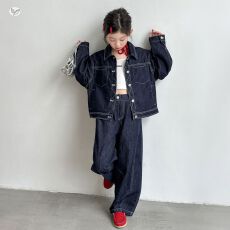 批发<b class='q'>女童</b>净色<b class='q'>牛仔</b>套装2026秋季新款中大童韩系翻领外套阔腿裤儿童秋装