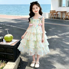 女童晕染吊带连衣裙2026夏季新款中大童立体蝴蝶公主裙撒银蛋糕裙