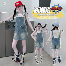 女童牛仔背带裙裤2026夏季新款女大童洋气背带短裤女孩时髦背带裙