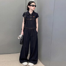 女童韩系夏装2026新款中大童泡泡袖翻领外套阔腿裤儿童时髦两件套