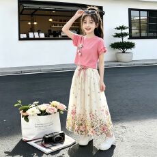 女童甜美套装2026夏季新款中大童短袖T恤碎花半身裙长裙儿童夏装