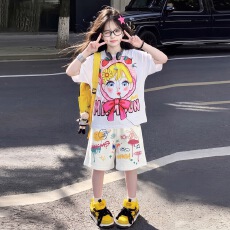 批发女童甜酷套装2026<b class='q'>夏</b>季新款中大童卡通印花T恤阔腿五分裤中裤轻薄