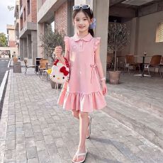 批发女童小飞袖连衣裙2026夏季新款中大儿童荷叶边T恤裙polo领中长裙