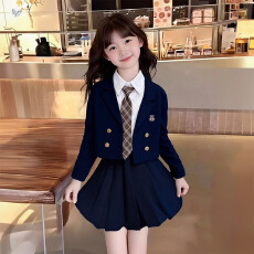 女童学院风套装2026秋季新款中大童衬衫西服外套百褶裙短裙三件套