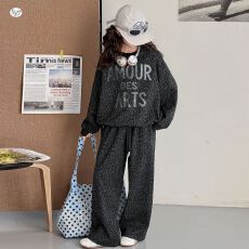 女童美式豹纹套装2026秋季新款中大童字母印花卫衣阔腿裤儿童秋装