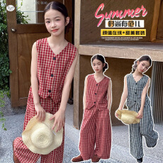 批发女童无袖格子阔腿裤<b class='q'>套装</b>夏季2026新款儿童洋气时髦大童夏装两件套