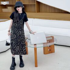 女童假两件豹纹连衣裙2026夏季新款中大童T恤裙美式辣妹儿童长裙