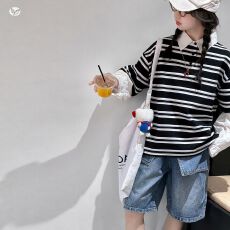 批发女童早秋<b class='q'>套装</b>2026新款中大童假两件条纹POLO衫屁帘牛仔中裤两件套