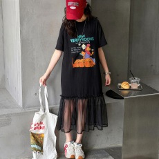 女童卡通印花连衣裙2026夏新款中大童网纱拼接T恤裙休闲儿童长裙