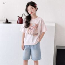批发<b class='q'>女童</b>套<b class='q'>装</b>2026夏款中大童猫咪印花凉感T恤牛仔中裤儿童夏装两件套