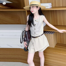 批发女童老钱风套装2026<b class='q'>夏</b>季新款中大童镂空刺绣马甲裙裤短裤儿童<b class='q'>夏</b>装