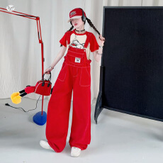 批发女童<b class='q'>夏</b>季背带裤套装2026新款中大童印花短袖插肩袖撞色T恤阔腿裤