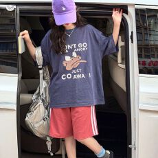 批发女童休闲套装2026<b class='q'>夏</b>新款中大童宽松卡通印花T恤织带运动裤五分裤