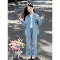 批发<b class='q'>女童</b>蓝格<b class='q'>衬衫</b>秋季2026新款中大儿童字母刺绣翻领开衫早秋休闲外套