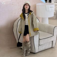 批发女童中长款风衣2026秋季新款中大童撞色连帽大衣外套儿童秋装开衫