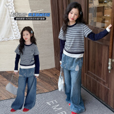 批发女<b class='q'>童</b><b class='q'>套装</b><b class='q'>202</b>6秋新款中大<b class='q'>童</b>韩系假两件条纹撞色T恤牛仔裤儿<b class='q'>童</b>秋装