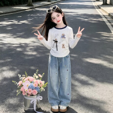 批发<b class='q'>女</b><b class='q'>童</b>秋装套装2026新款中大童长袖T恤印花打底衫牛仔裤早秋两件套
