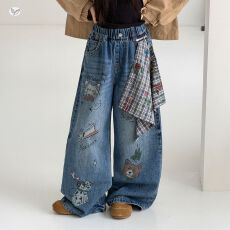 批发女童格子方巾牛仔裤2026<b class='q'>秋</b>季新款中大童卡通印花涂鸦阔腿裤直筒裤