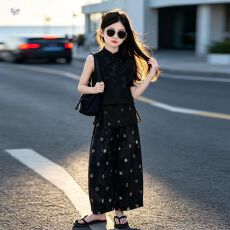 批发女童新中式套装2026<b class='q'>夏</b>季新款中大童改良无袖盘扣上衣碎花裤两件套