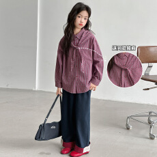 批发<b class='q'>女童</b>休闲<b class='q'>格子</b>衬衫2026秋新款中大童撞色拼接牛仔裤衬衣开衫送披肩