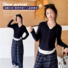 批发女<b class='q'>童</b><b class='q'>秋季</b><b class='q'>套</b>装2026新款中大<b class='q'>童</b>假两件帽衫上衣格子工<b class='q'>装裤</b>韩系两件套