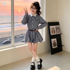 批发女童学院风<b class='q'>格子</b>连衣裙2026秋季新款中大童双领公主裙花苞裙衬衫裙