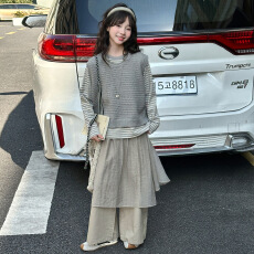 批发女<b class='q'>童</b><b class='q'>套装</b><b class='q'>202</b>6秋季新款中大<b class='q'>童</b>慵懒风条纹T恤毛线马甲裙裤三件套潮