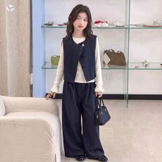 批发女<b class='q'>童</b><b class='q'>韩</b>系马甲<b class='q'>套装</b>2026秋季新款中大<b class='q'>童</b>花边打底衫阔腿裤秋装三件套